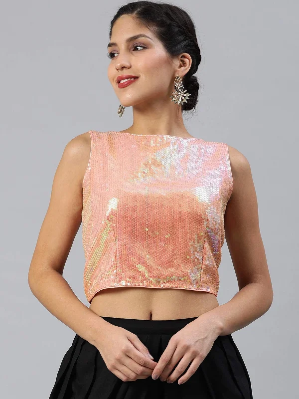 Peach-Coloured Silk Blend Sequinned Crop Top