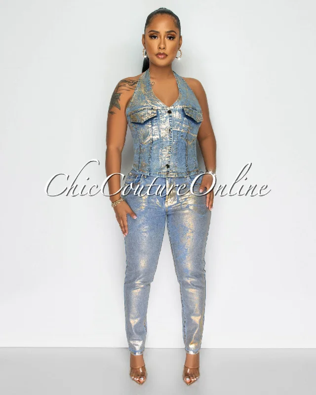 Ralph Blue Gold Foil Denim Halter Top