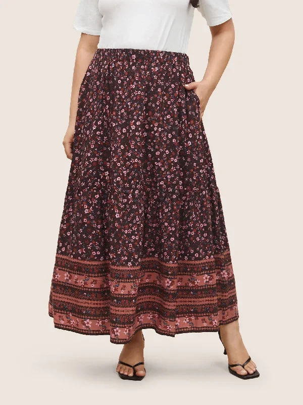 Rayon Boho Print Elastic Waist Pocket Skirt