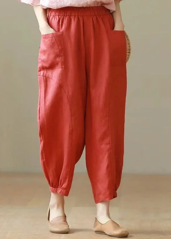 Red Pockets Cotton Crop Pants High Waist Summer