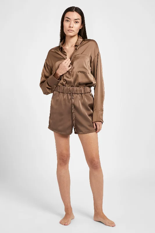 Relaxed Satin Drawstring Shorts - Espresso