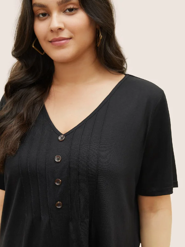 solid-pleated-front-button-detail-v-neck-t-shirt