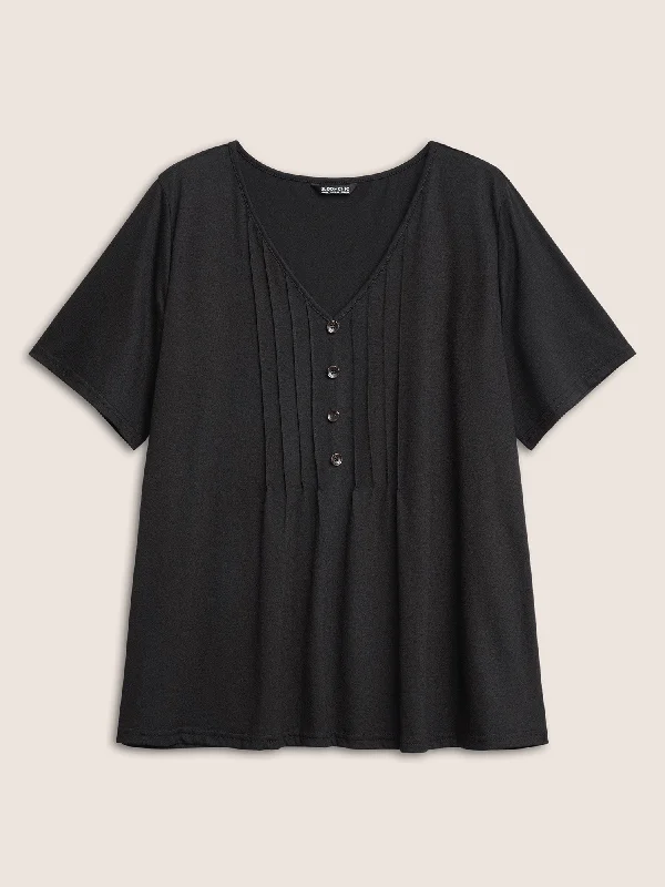 solid-pleated-front-button-detail-v-neck-t-shirt