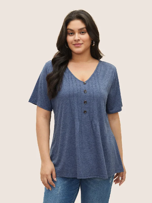 solid-pleated-front-button-detail-v-neck-t-shirt