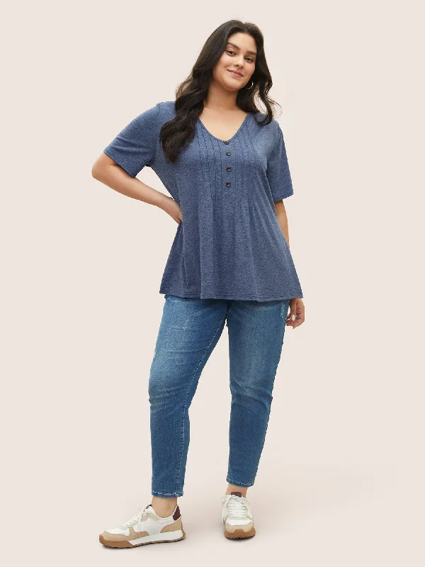 solid-pleated-front-button-detail-v-neck-t-shirt