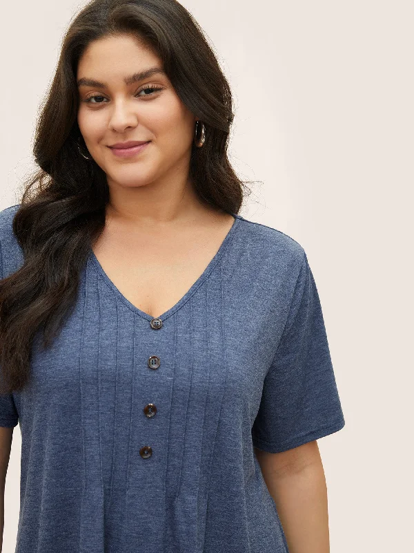 solid-pleated-front-button-detail-v-neck-t-shirt