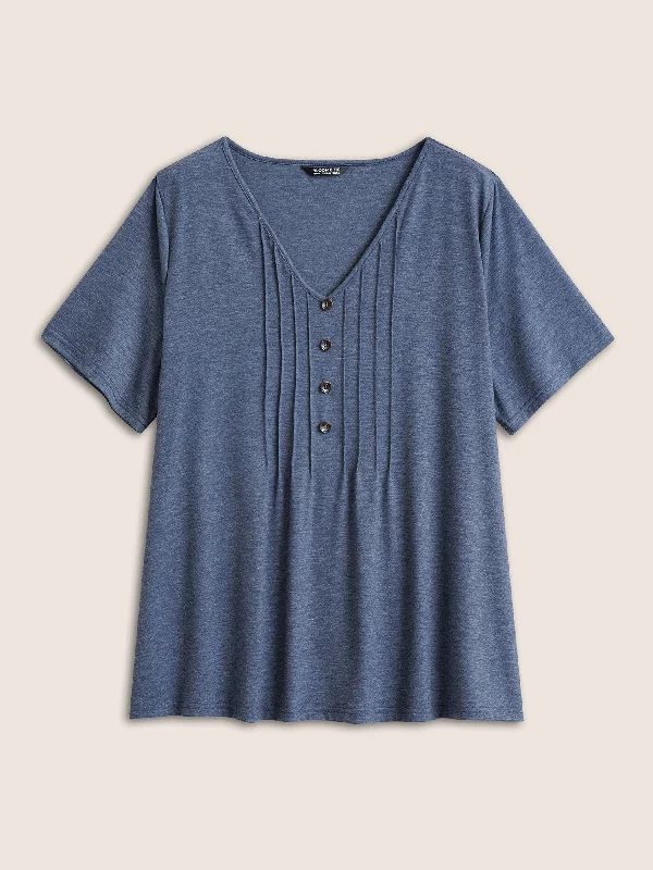 solid-pleated-front-button-detail-v-neck-t-shirt