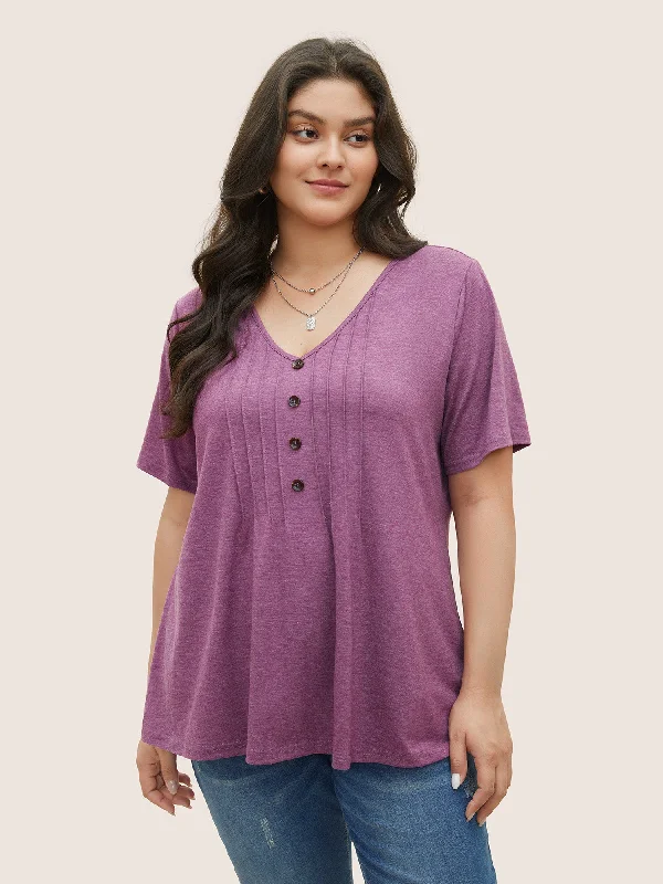 solid-pleated-front-button-detail-v-neck-t-shirt