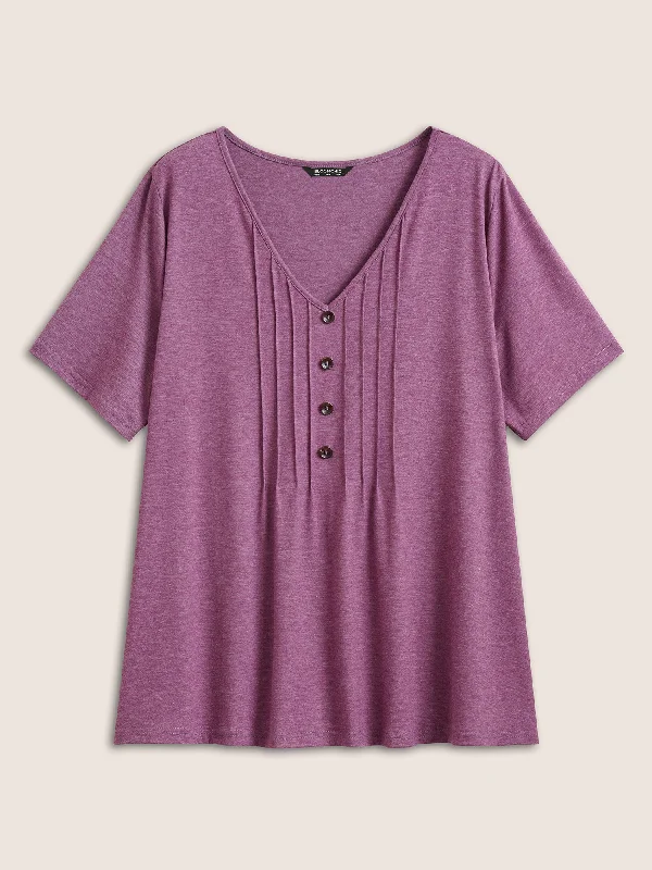 solid-pleated-front-button-detail-v-neck-t-shirt