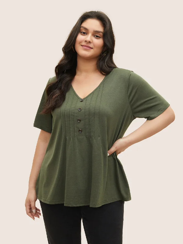 solid-pleated-front-button-detail-v-neck-t-shirt