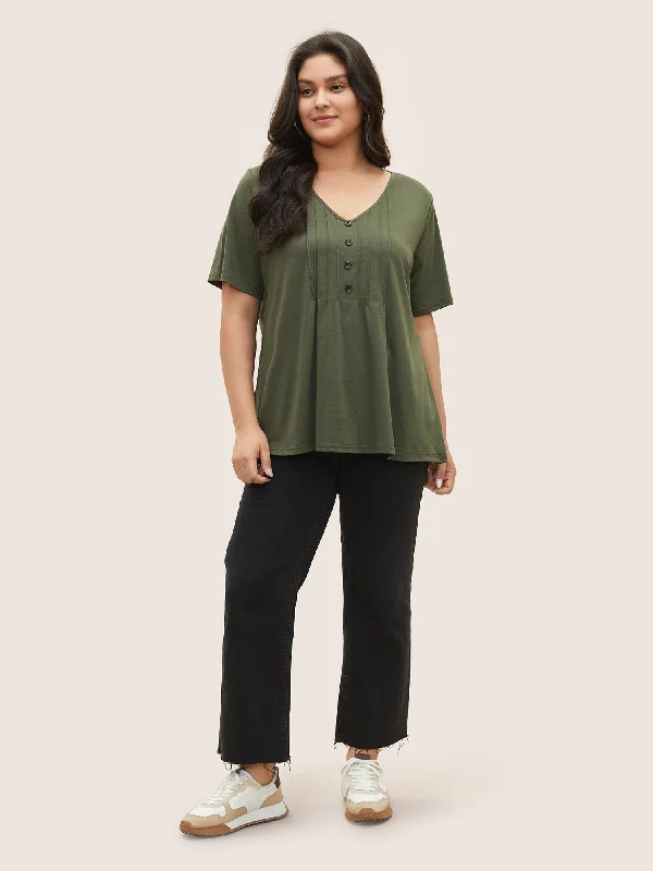 solid-pleated-front-button-detail-v-neck-t-shirt