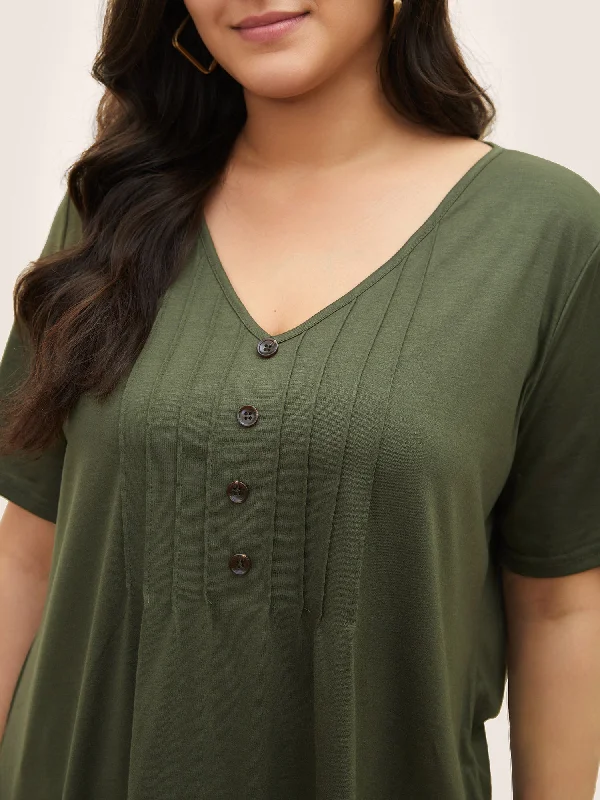 solid-pleated-front-button-detail-v-neck-t-shirt