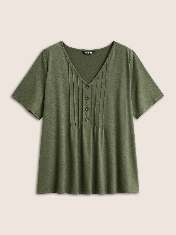 solid-pleated-front-button-detail-v-neck-t-shirt