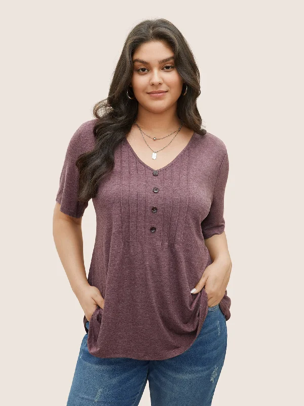 solid-pleated-front-button-detail-v-neck-t-shirt