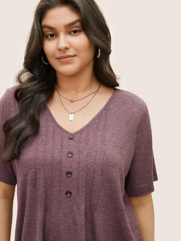 solid-pleated-front-button-detail-v-neck-t-shirt