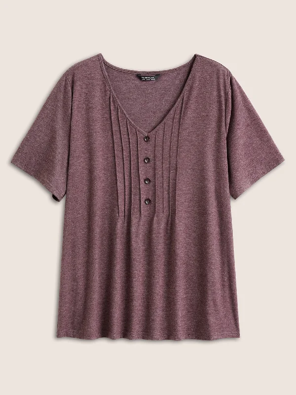 solid-pleated-front-button-detail-v-neck-t-shirt