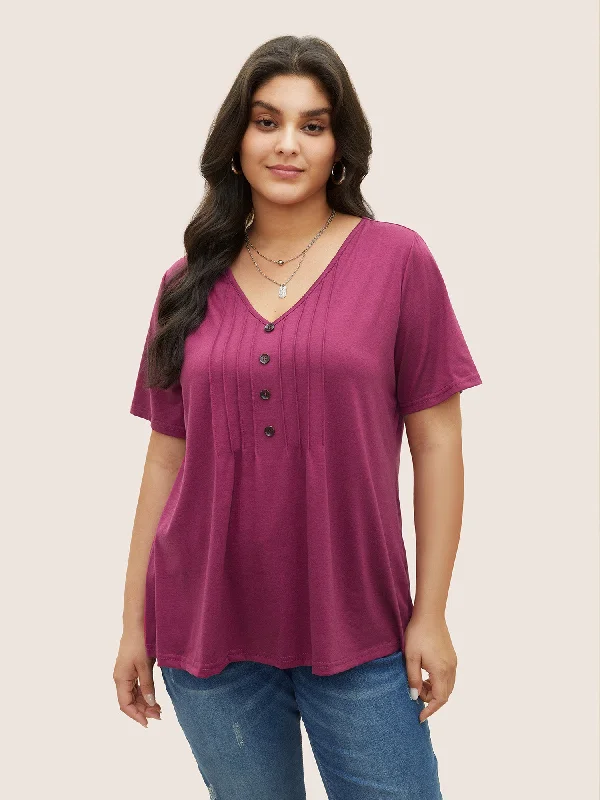 solid-pleated-front-button-detail-v-neck-t-shirt