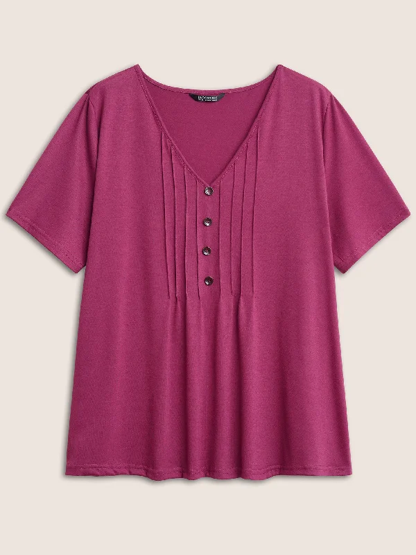 solid-pleated-front-button-detail-v-neck-t-shirt