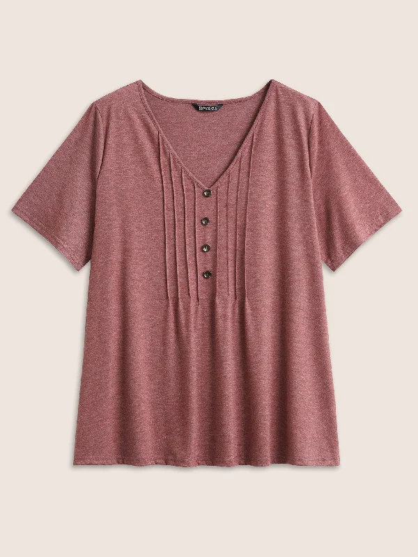 solid-pleated-front-button-detail-v-neck-t-shirt