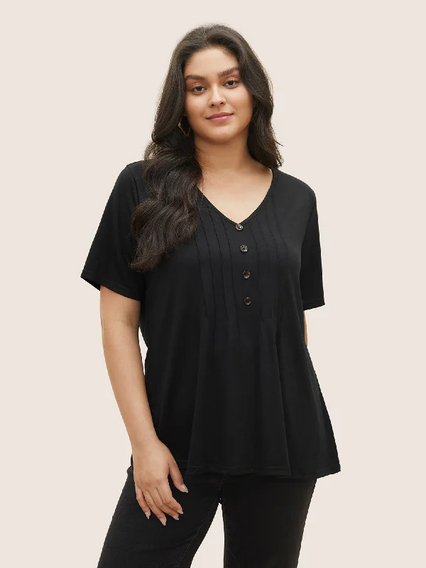 solid-pleated-front-button-detail-v-neck-t-shirt