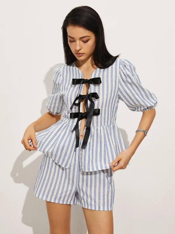 Tie-Front Stripe Shorts Set