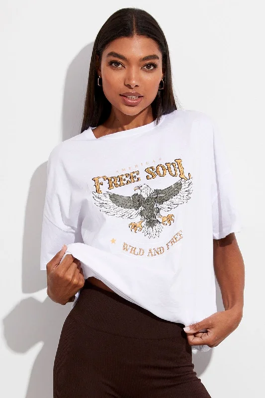 White T Shirt Crew Neck Short Sleeve Longline Eagle