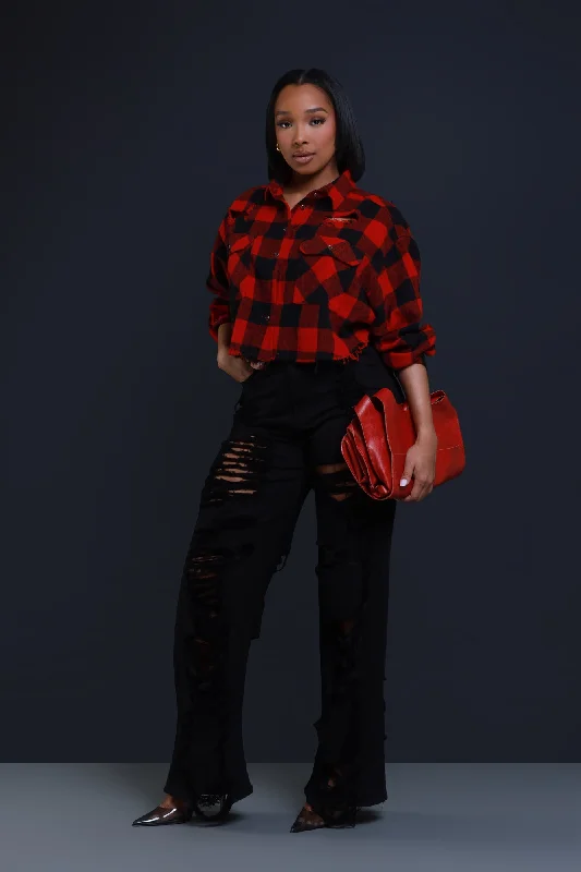 Wish You Were Here Cropped Flannel Button Up - Red/Black