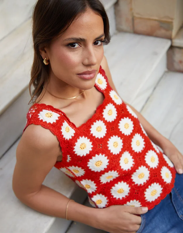 Women's Red Daisy Floral Crochet Knitted Vest